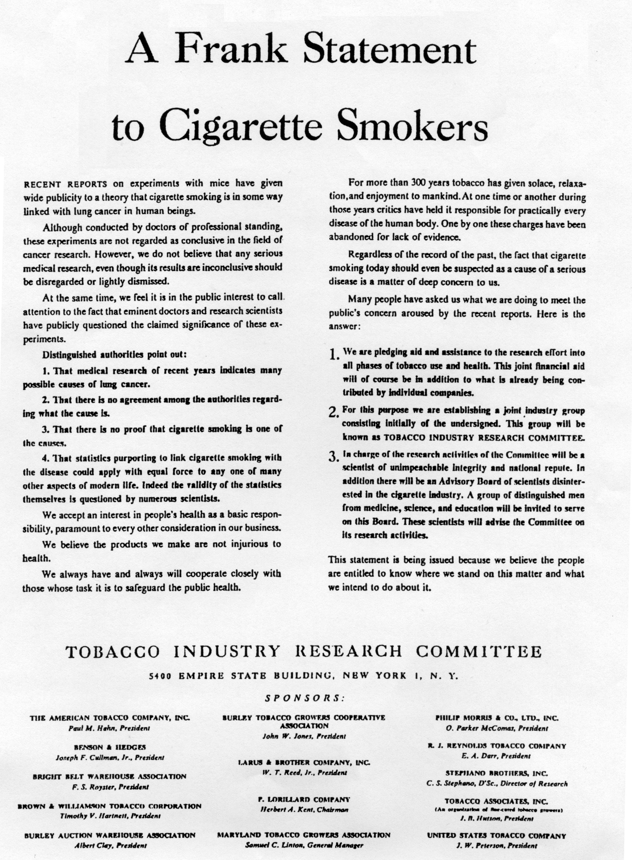 smoking industry letter 1954 smoking industry letter 1954